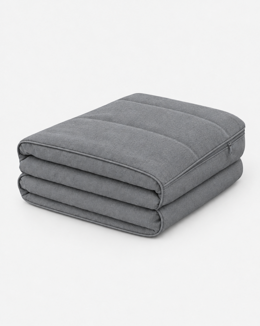 A washable dog bed cover in mid cool grey, folded into a neat stack on a plain light grey background.