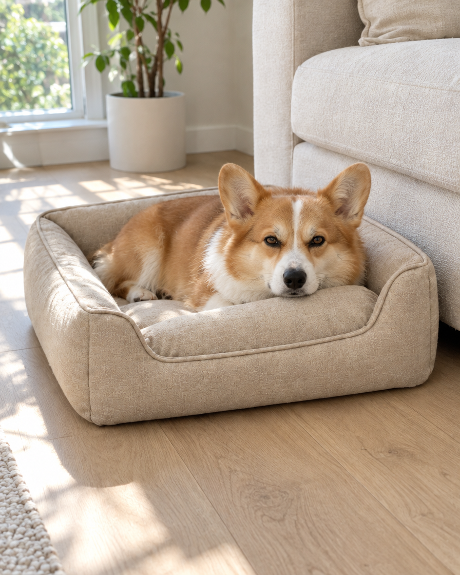 A corgi lies squarely in the middle of a beige bolstered dog bed and stares at the camera, guarding its spot.