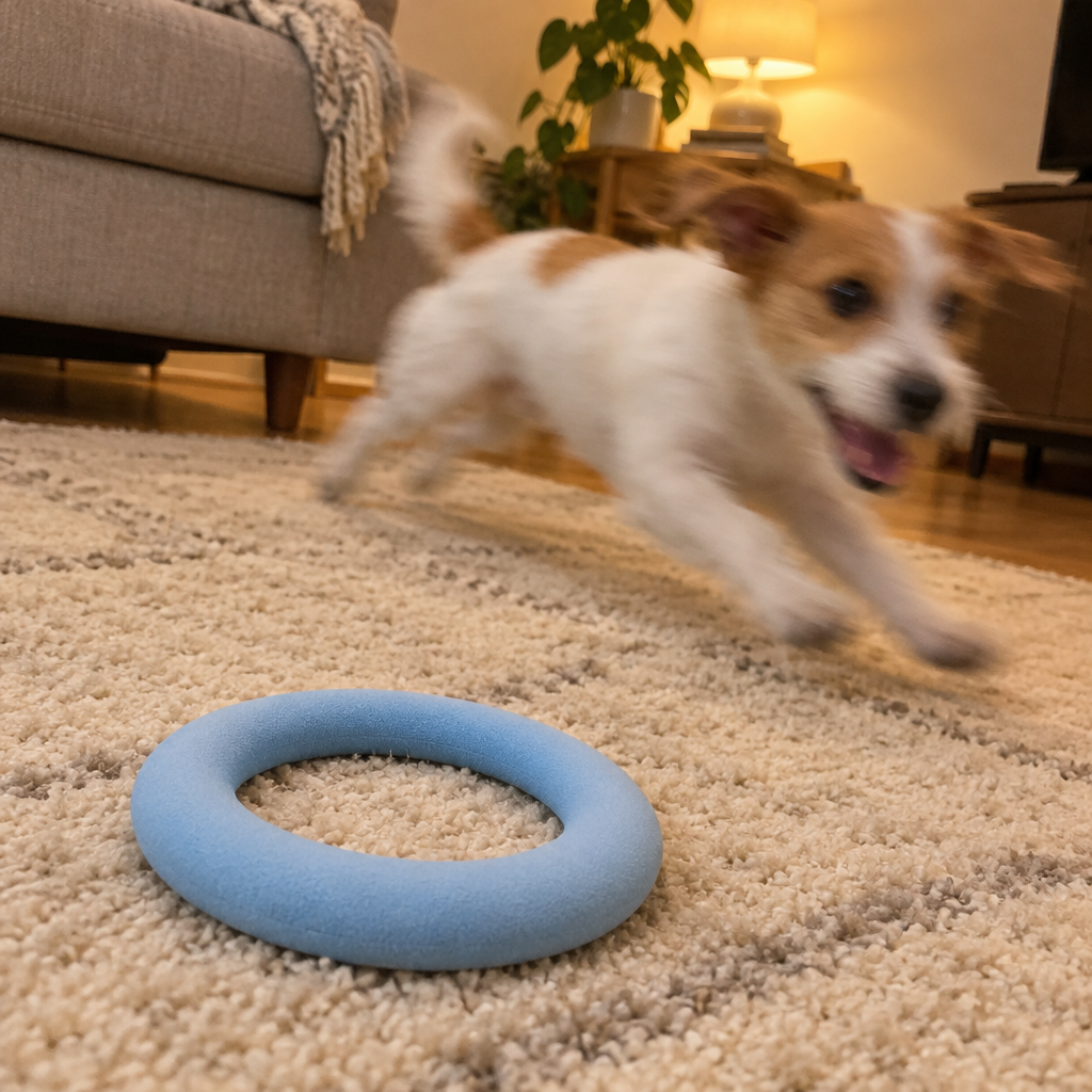 A small terrier blurs mid-zoomies across a living-room rug past a pale blue foam flying ring.