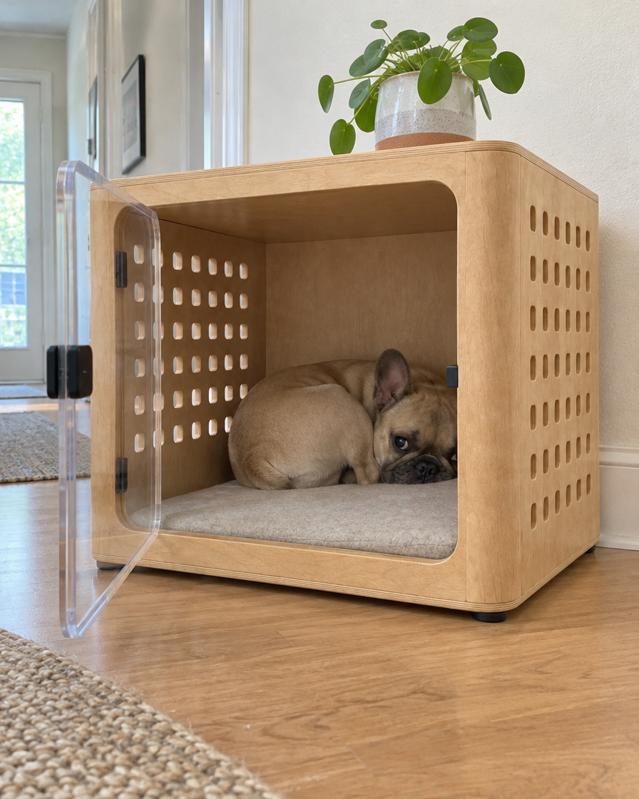 A French bulldog curls into the back corner of an oak bentwood crate with its door open.