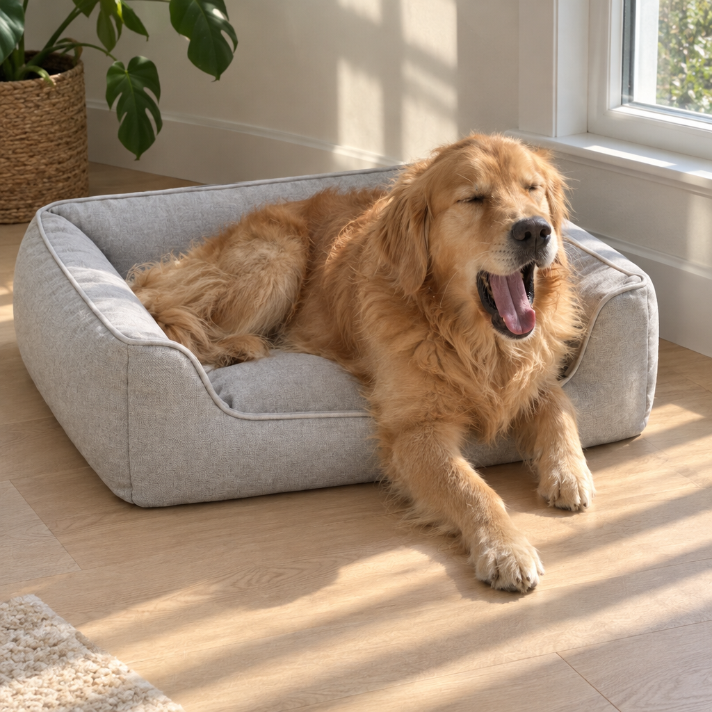 A golden retriever yawns after a nap, half out of a light grey bolstered dog bed in a patch of morning sun.
