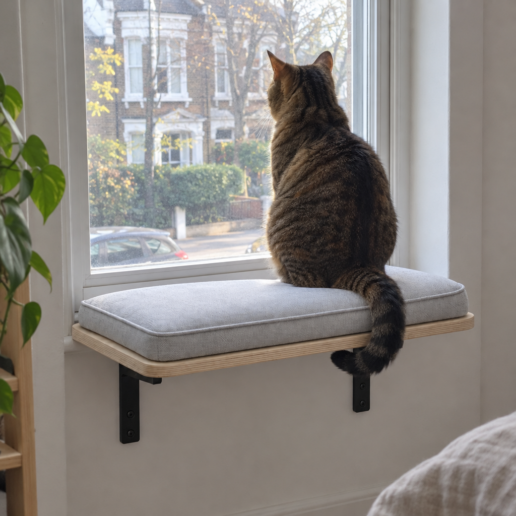 A tabby cat sits on a cushioned window perch with its back to the room, watching the street outside.