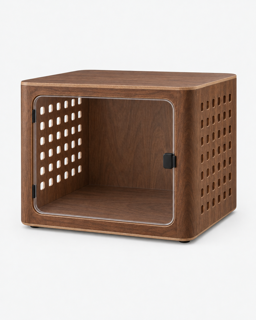 The same bentwood plywood dog crate in a dark walnut finish with a clear acrylic front door and perforated side panels, on a light grey studio background.