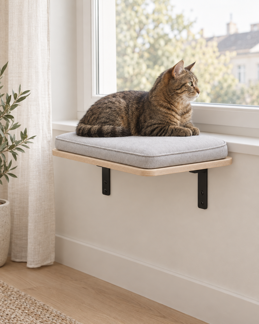 A tabby cat lies on a wall-mounted plywood window perch with a light grey cushion, looking out of a bright window in a calm living room.