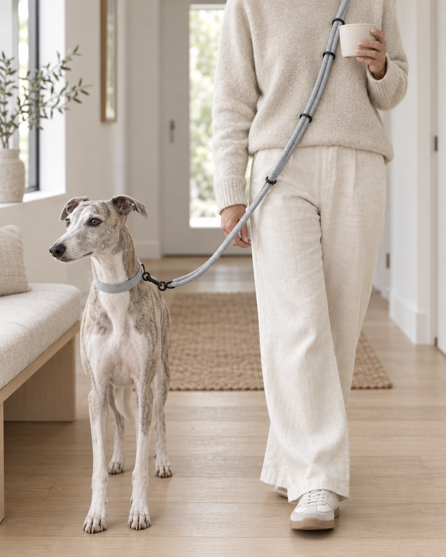A whippet stands in a bright hallway on a pale grey rope leash worn cross-body by its owner, who holds a coffee cup.