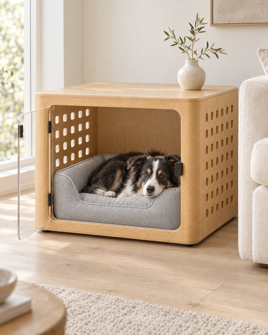 A border collie mix rests on the light grey bed inside the natural oak crate with its clear door open, beside a cream sofa in a bright living room with an oak floor and a small vase on the crate top.