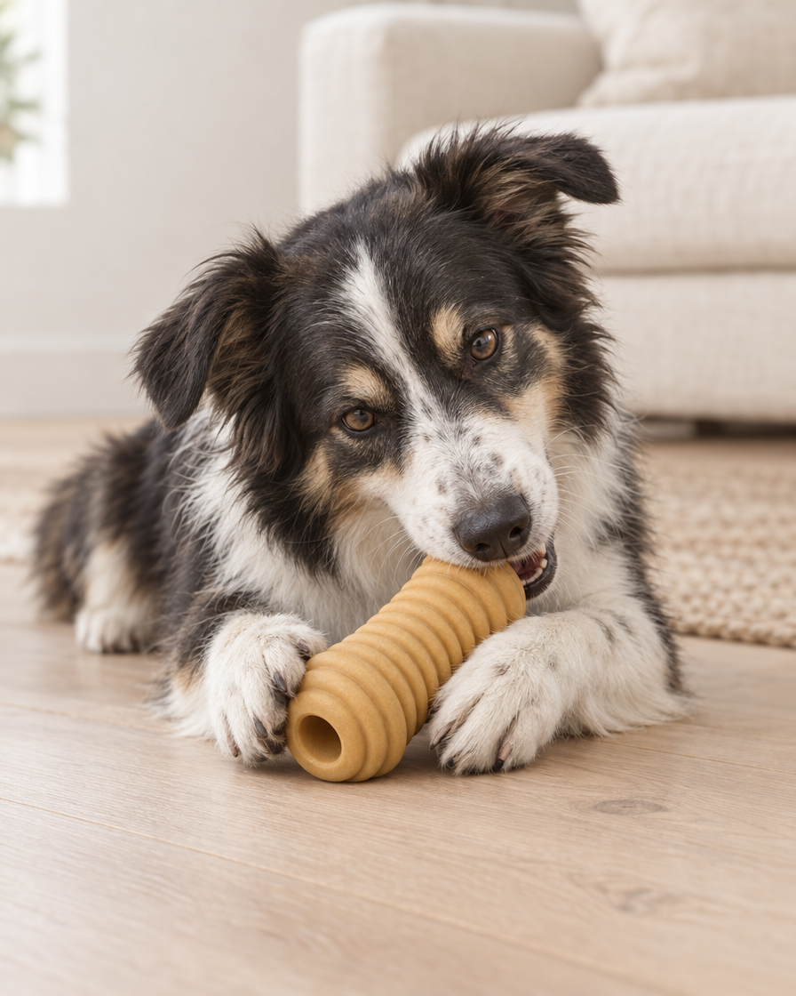 A border collie mix lying on a pale oak floor chewing a ridged rubber chew toy held between its front paws, with a cream sofa behind.