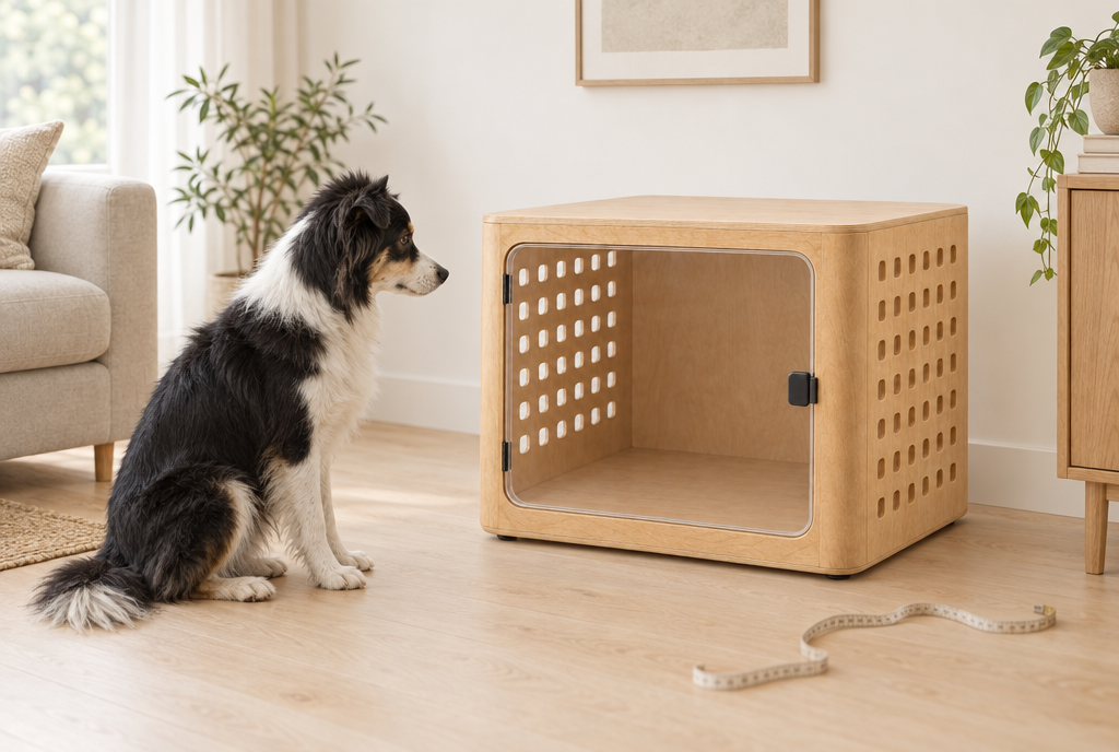 A border collie sits beside a plywood crate on an oak floor with a soft tape measure lying nearby.