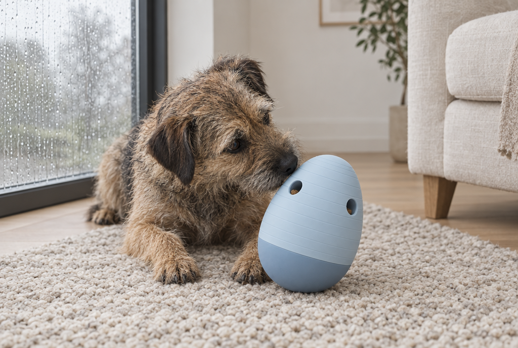 A scruffy terrier lying on a wool rug nudges a pale blue egg-shaped puzzle feeder beside a rain-streaked window.
