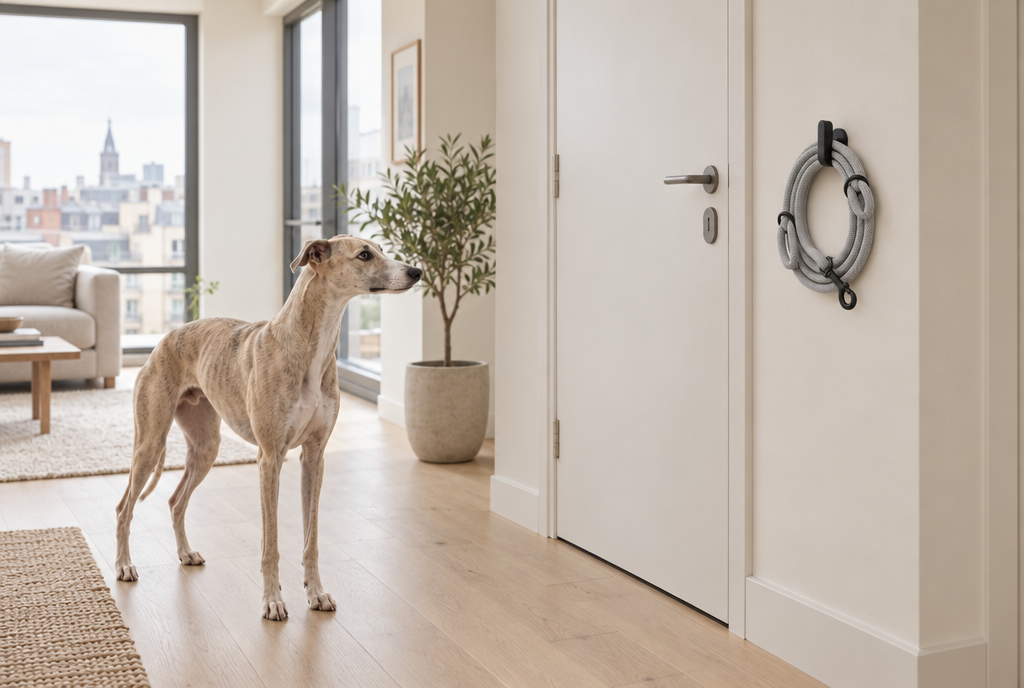 A fawn whippet stands in a small bright city flat while a light grey rope leash hangs coiled on a black hook by the front door.