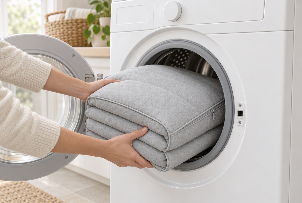 A pair of hands pushes a folded light grey dog-bed cover into the open drum of a white front-loading washing machine.