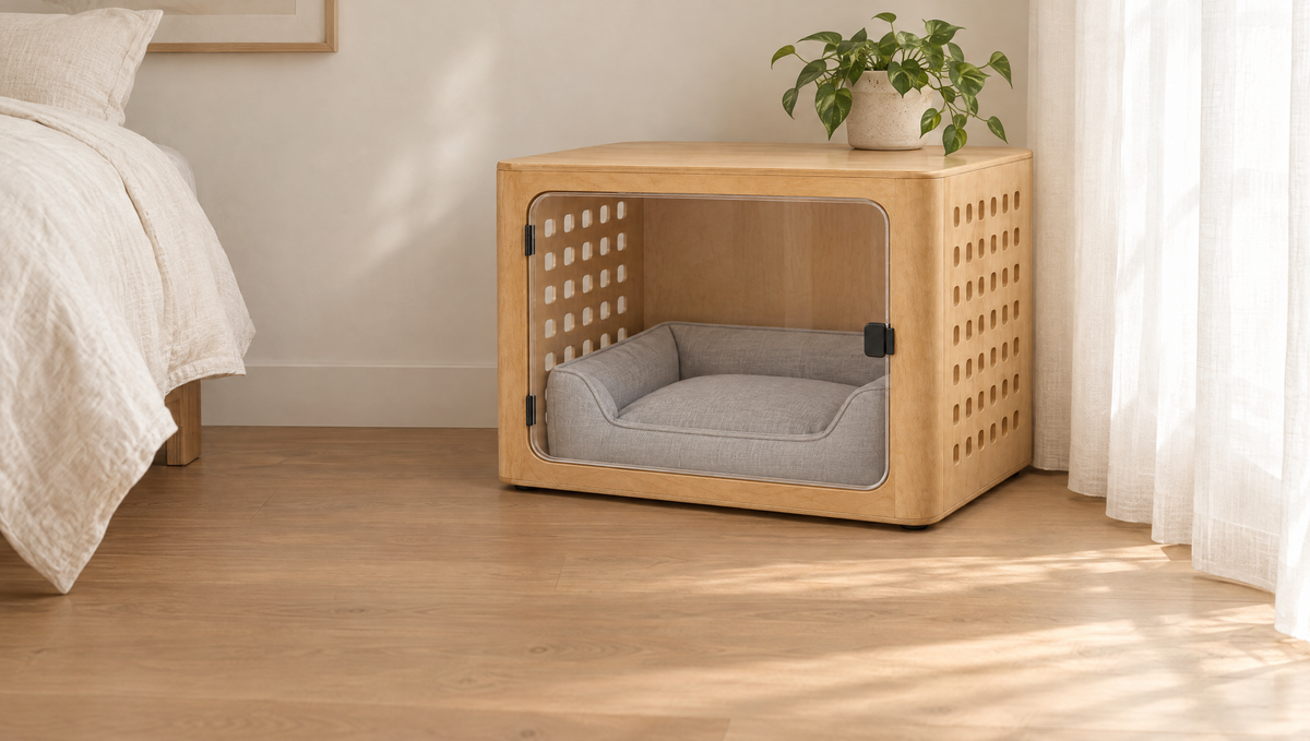 A natural oak crate with a grey dog bed inside stands in a bedroom corner in soft morning light, with a potted plant on its flat top.
