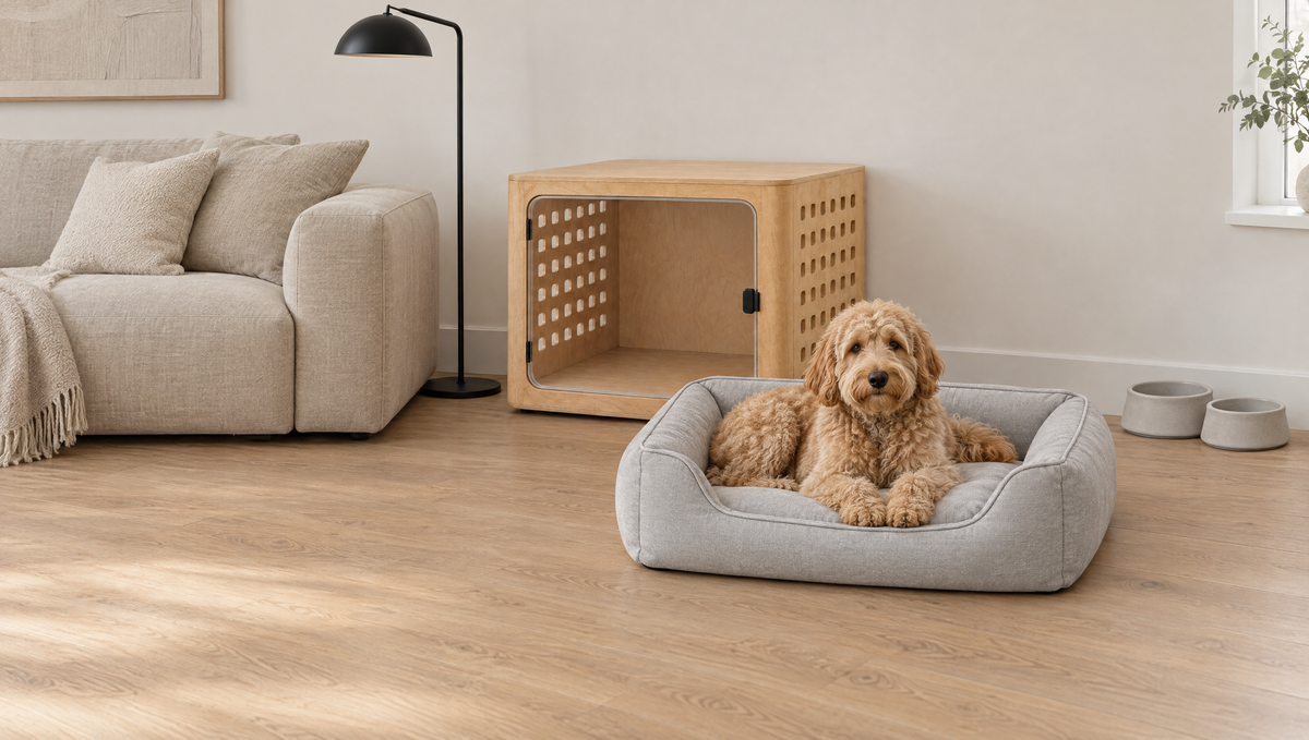 A golden doodle rests on a grey bolstered dog bed in a calm living room with a natural oak crate beside the sofa and two stoneware bowls by the wall.