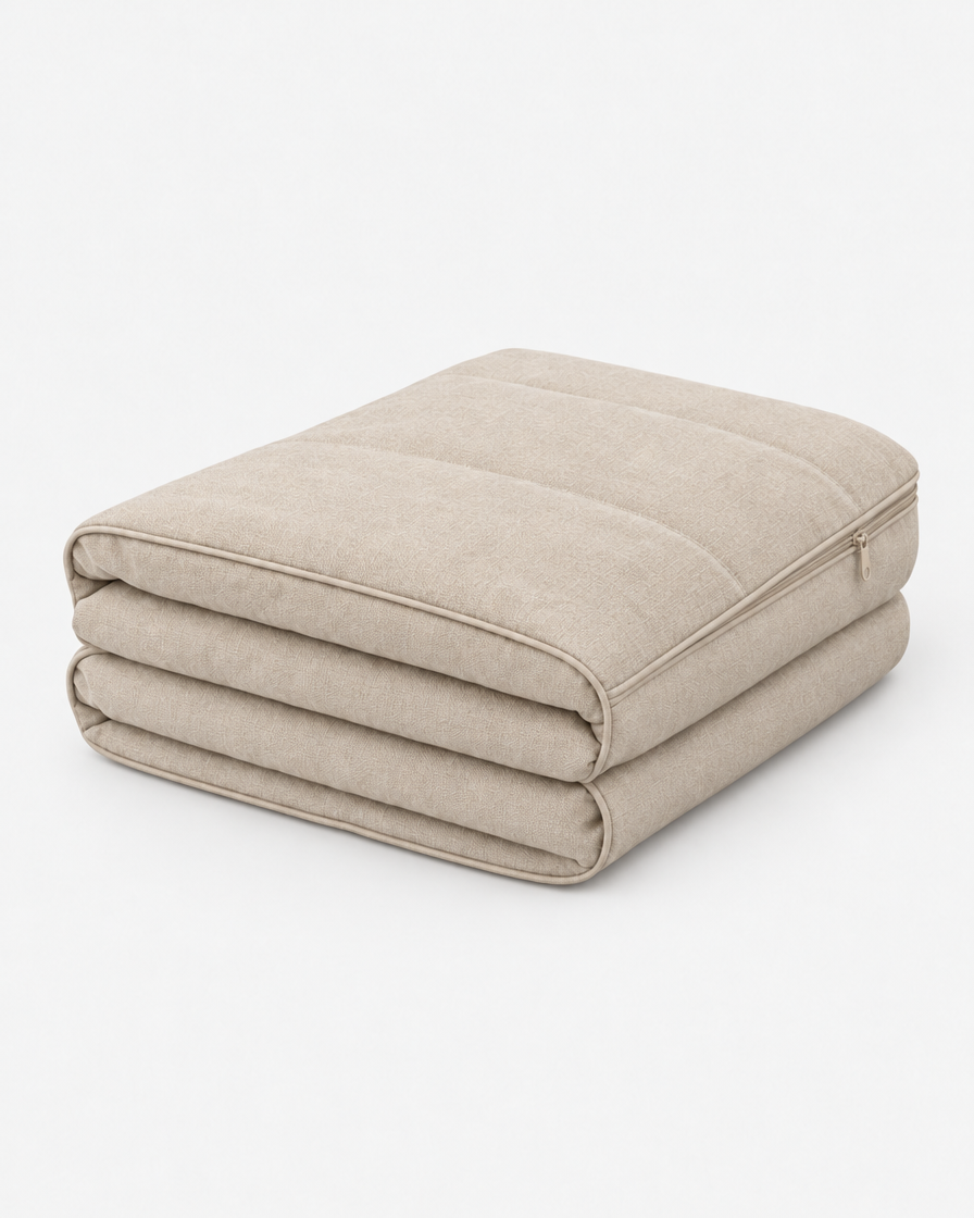 A washable dog bed cover in warm beige, folded into a neat stack on a plain light grey background.