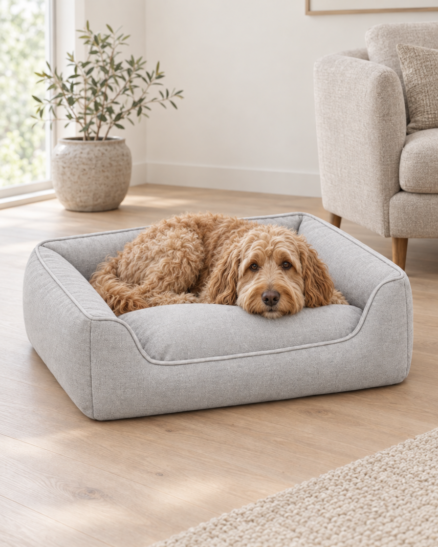 A golden doodle resting its chin on the edge of a light grey bolster dog bed in a bright living room with an oak floor and a linen armchair.