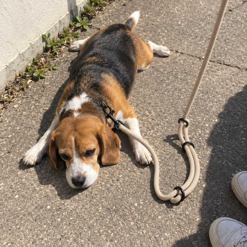 A tired beagle lies flat on a sunny pavement at the end of a beige rope leash, refusing to walk further.