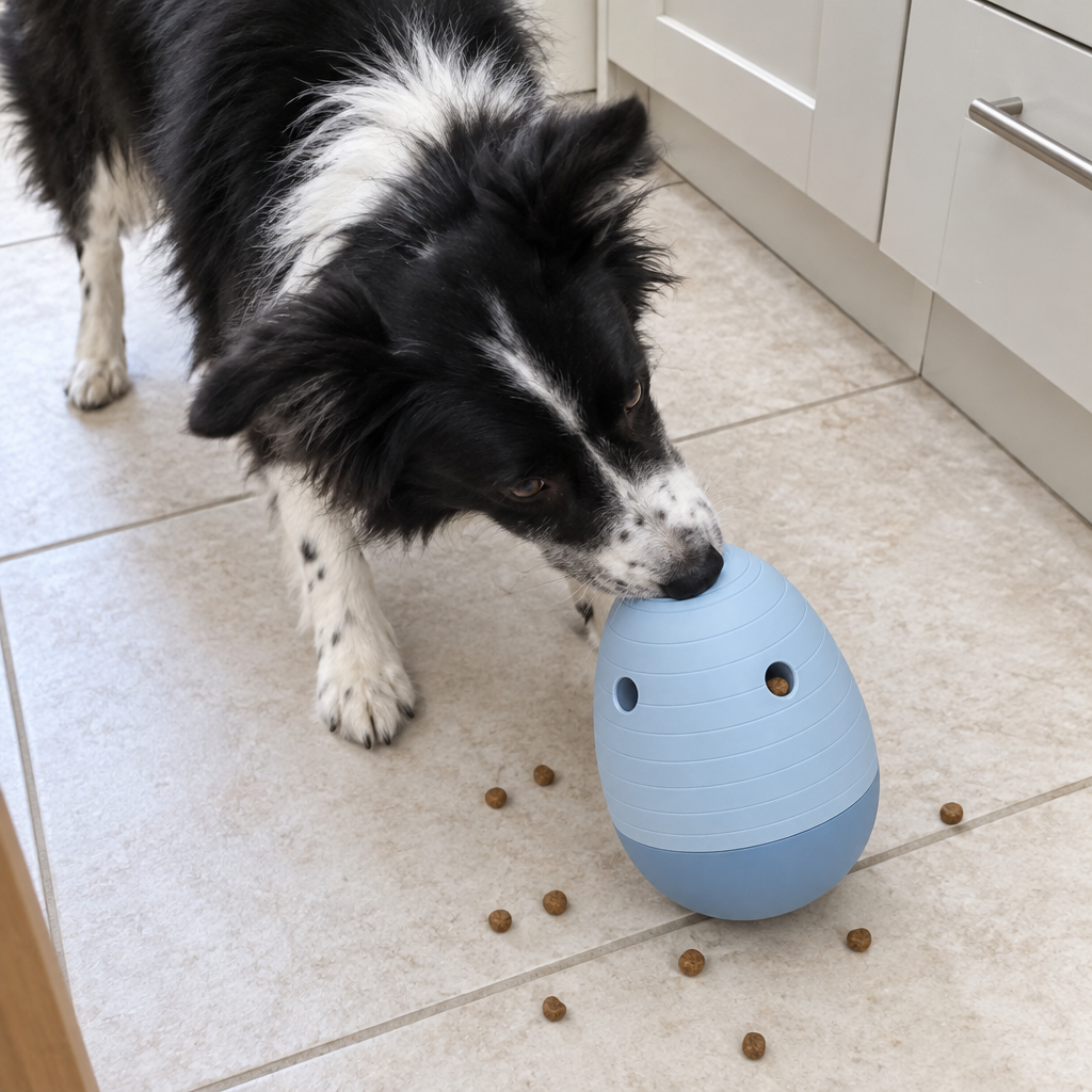 A border collie mix presses its nose to a pale blue egg-shaped puzzle feeder on a kitchen floor.
