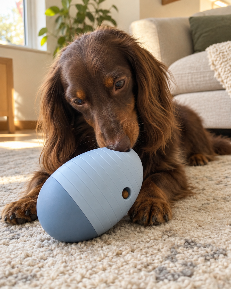 A long-haired dachshund pushes its snout into a tipped-over pale blue puzzle feeder on a cream rug.