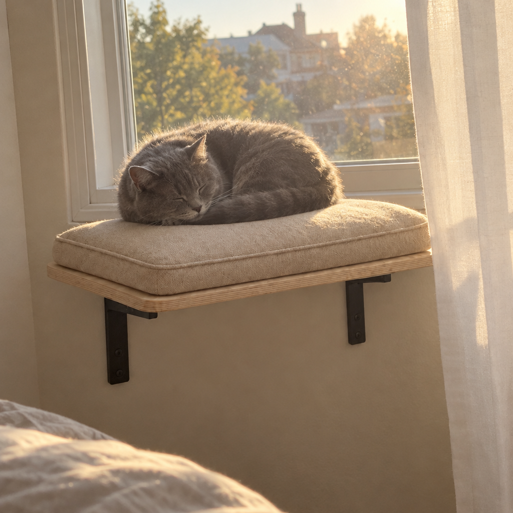 A grey cat sleeps in a loaf on a beige cushioned window perch in a square of afternoon sun.