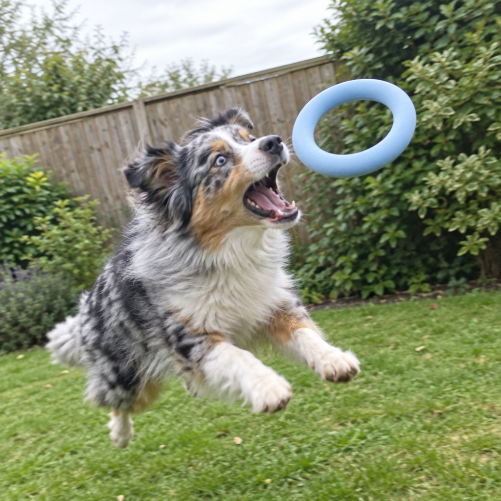 A blue-merle Australian shepherd leaps on a lawn to catch a pale blue foam ring in mid-air.