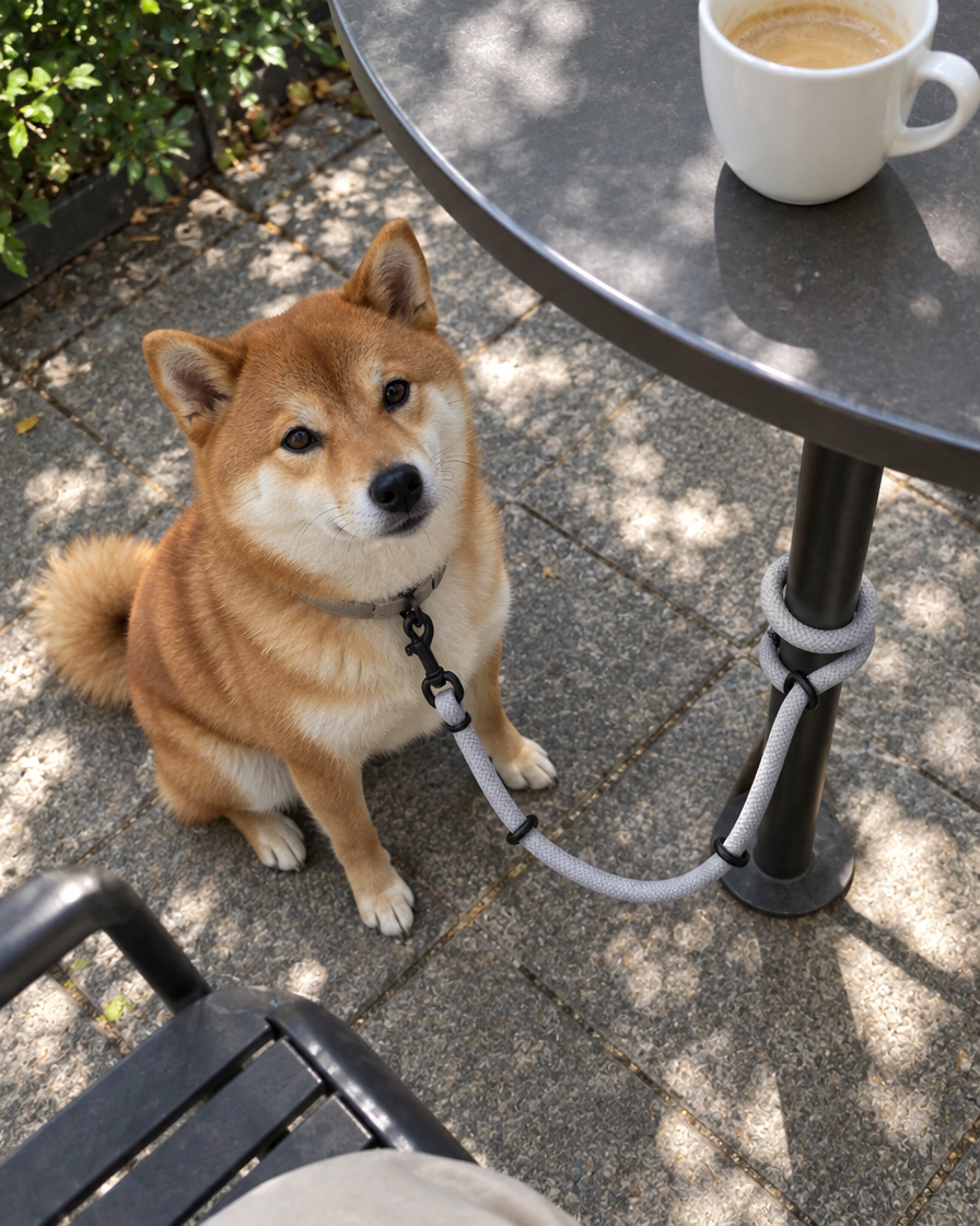 A shiba inu waits under a small outdoor table, its pale grey rope leash looped around the table leg.