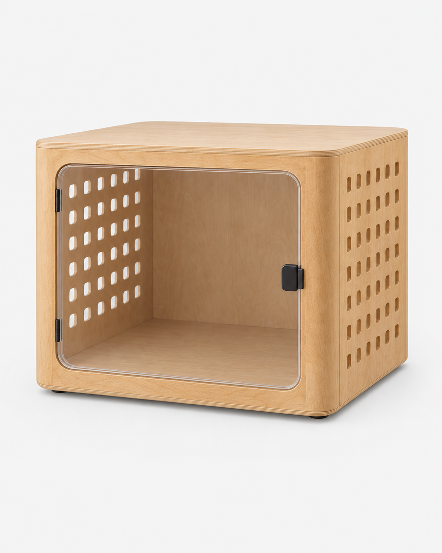A bentwood plywood dog crate in a natural oak finish with a flat top, rounded corners, perforated side panels and a clear acrylic front door, photographed on a light grey studio background.