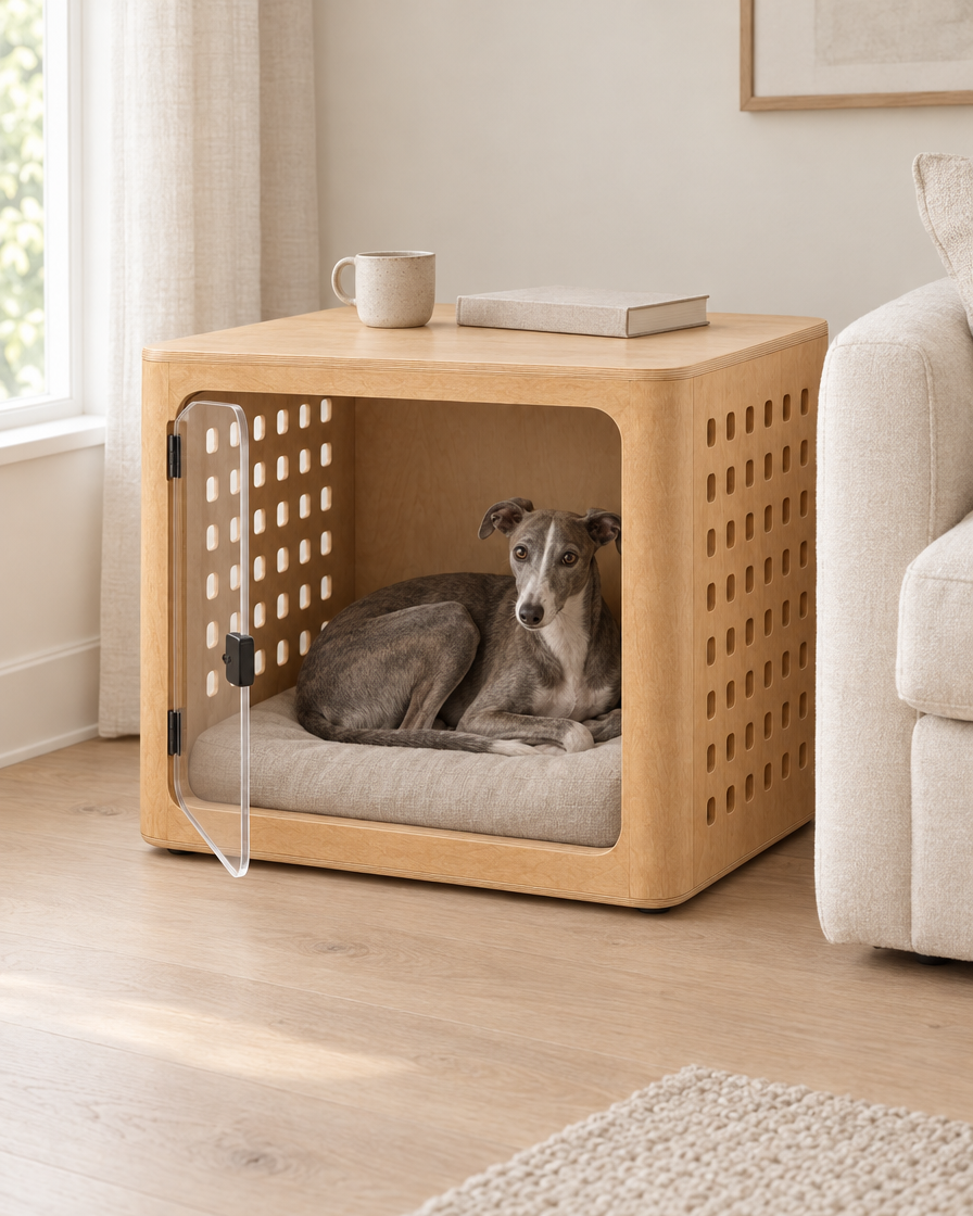 A grey whippet rests on a pale cushion inside the natural oak crate with its clear door open, beside a cream sofa, with a mug and a book on the crate's flat top.