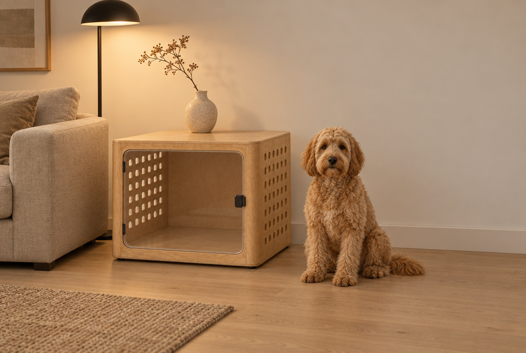A golden doodle sits next to the natural oak crate at the end of a linen sofa in a warmly lit living room, with a ceramic vase on the crate's flat top.