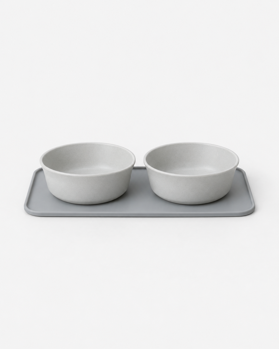 Two pale grey stoneware pet bowls sitting side by side on a grey silicone mat against a light grey studio background.