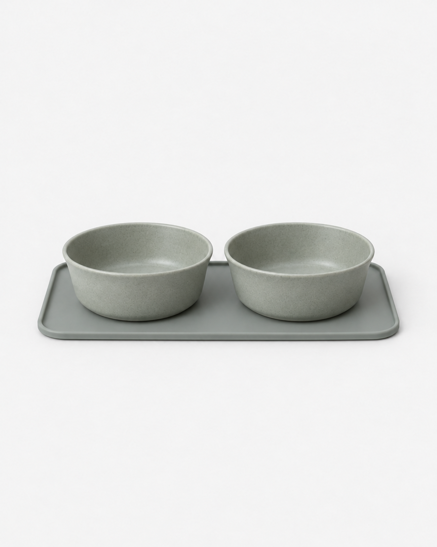 Two soft grey-green stoneware pet bowls sitting side by side on a muted green silicone mat against a light grey studio background.