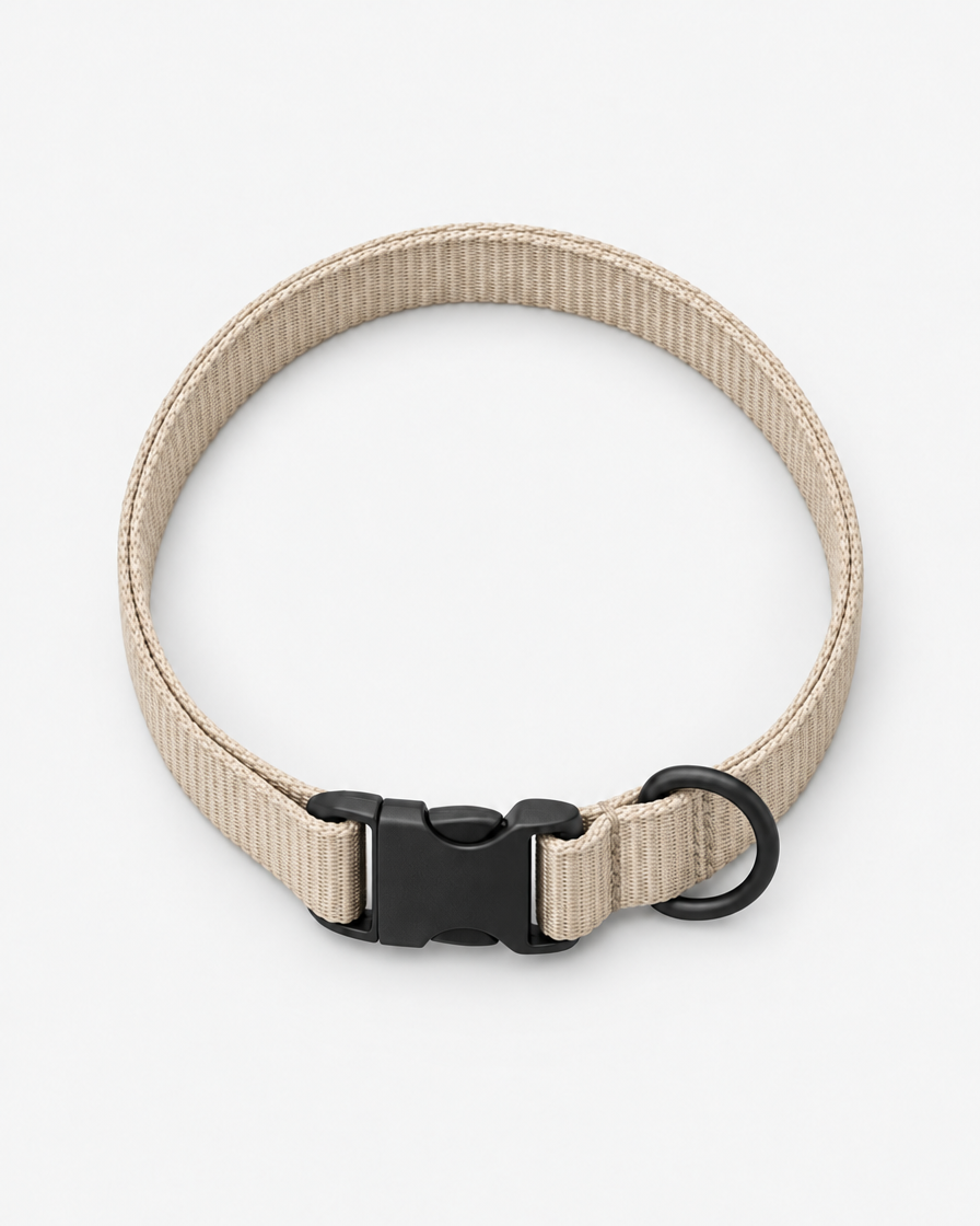 A flat warm beige webbing dog collar curled into a loop, with a matte black side-release buckle and a separate D-ring, on a light grey background.