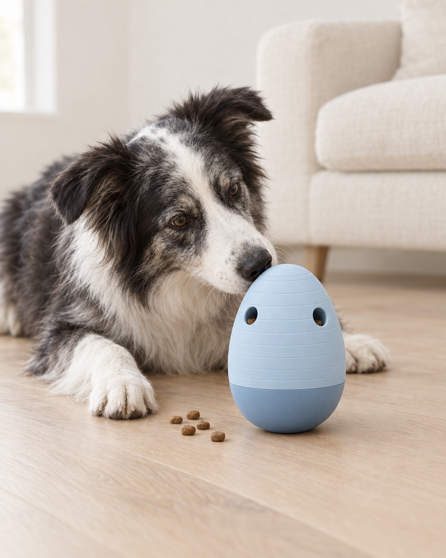 A border collie mix lying on a pale oak floor nudges a pale blue egg-shaped puzzle feeder with its nose, a few pieces of kibble beside it.