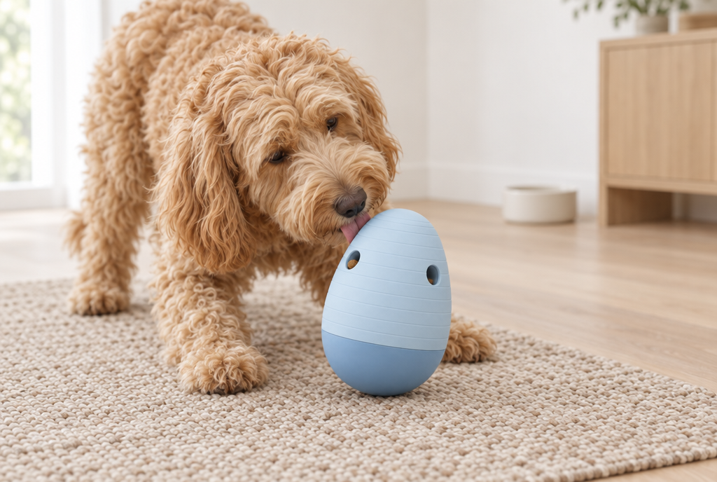 A golden doodle crouches on a woven rug in a bright kitchen and licks at the treat opening of a pale blue egg-shaped puzzle feeder.