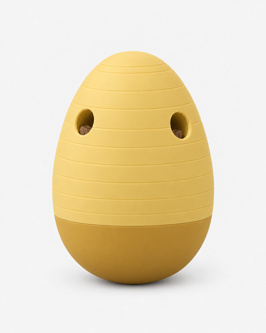 A soft golden yellow egg-shaped puzzle feeder with horizontal grooves and two treat openings, standing on a light grey background.