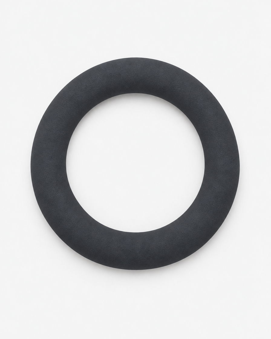 A near-black charcoal grey flying ring dog toy seen from above on a light grey background.
