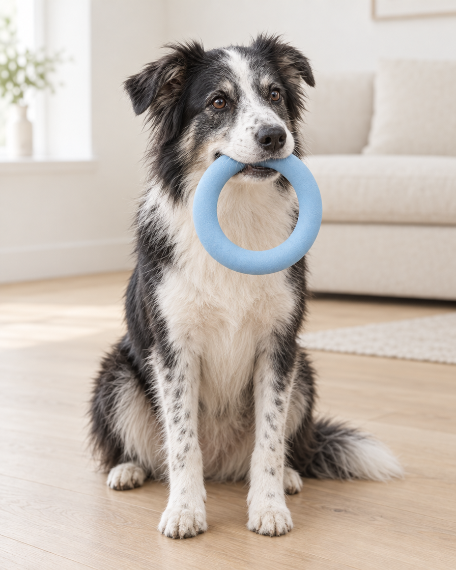 A border collie mix sits on a pale oak floor in a bright living room holding a pale blue flying ring toy in its mouth.