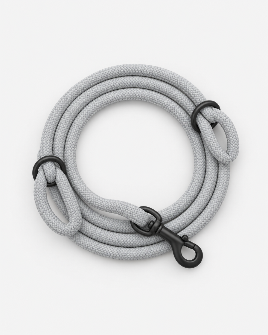 A pale grey climbing-rope dog leash coiled neatly, seen from above, with two black slide rings and a black swivel clip on a light grey background.