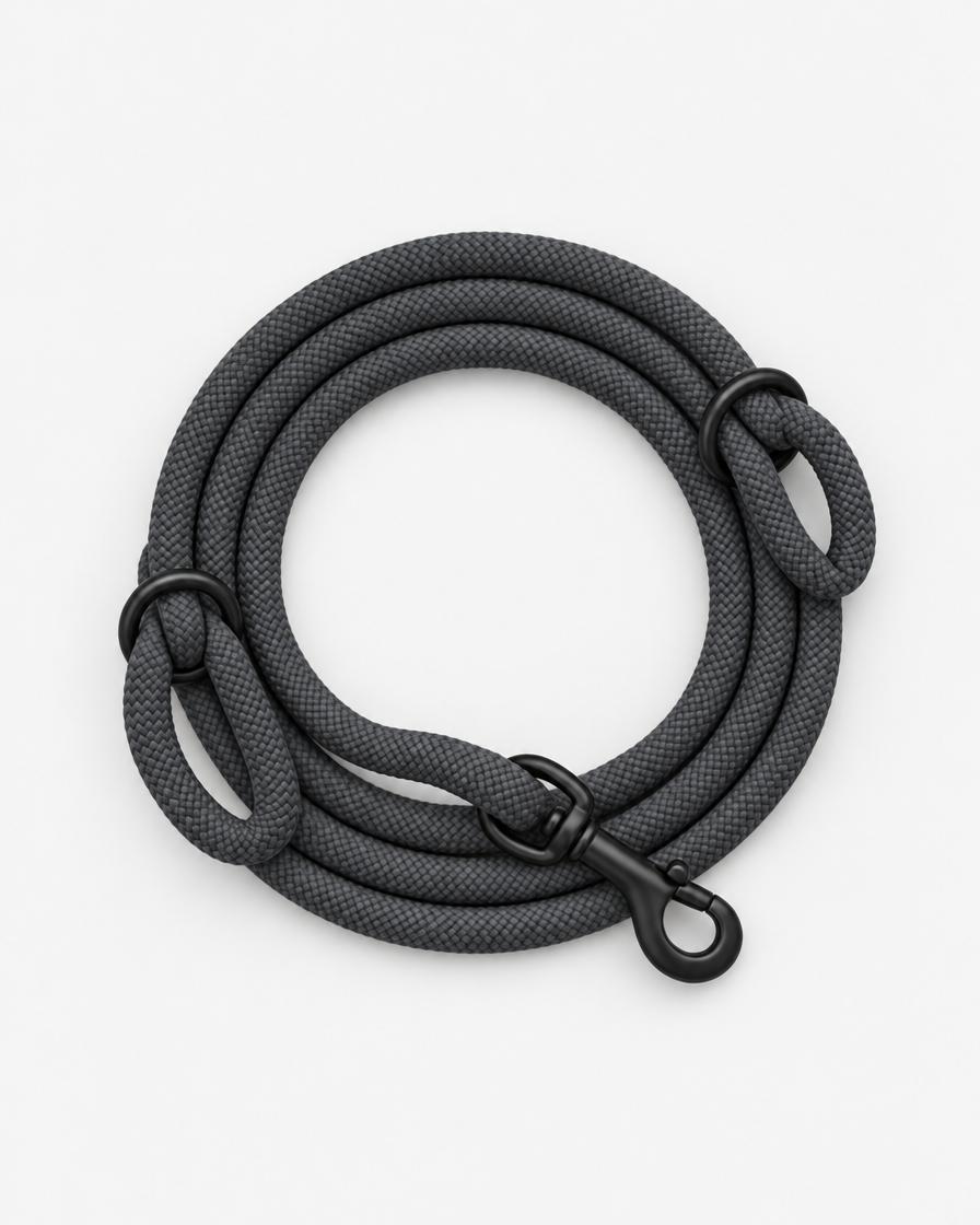 A near-black charcoal climbing-rope dog leash coiled neatly, seen from above, with two black slide rings and a black swivel clip on a light grey background.