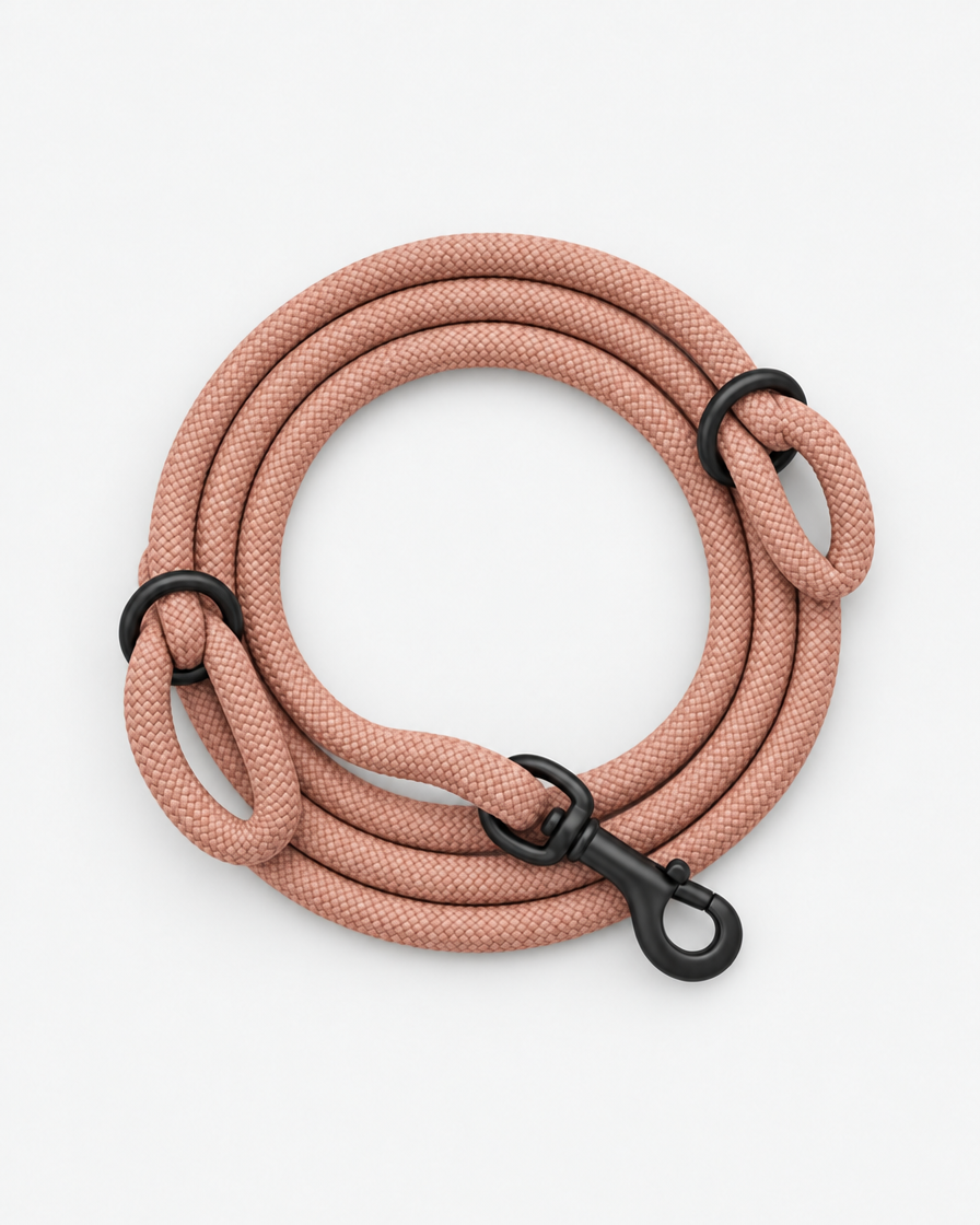 A dusty terracotta pink climbing-rope dog leash coiled neatly, seen from above, with two black slide rings and a black swivel clip on a light grey background.