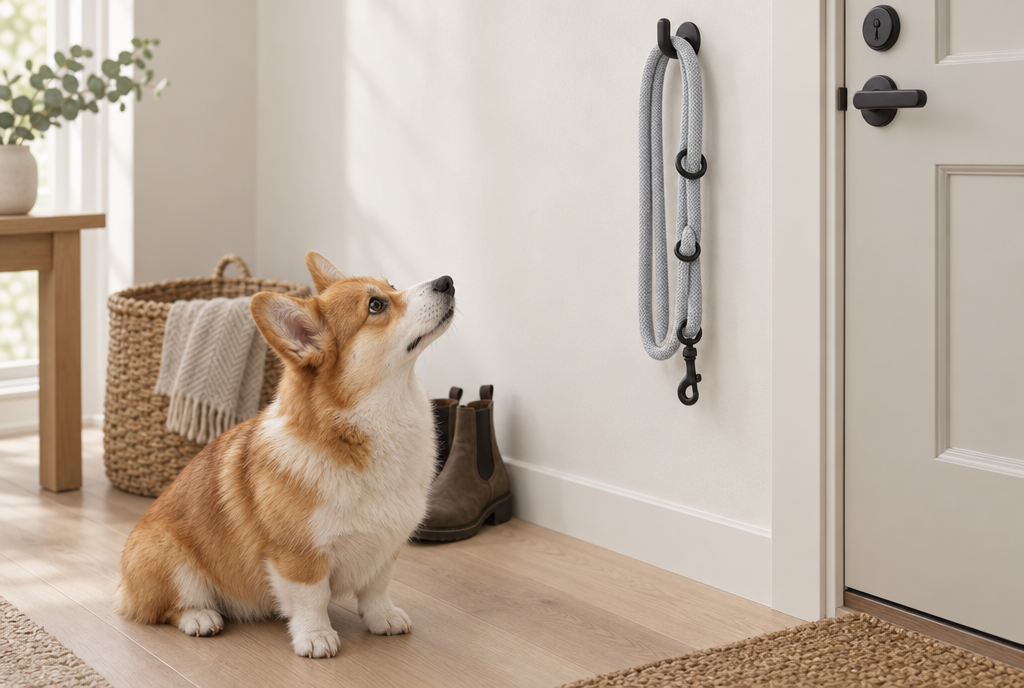 A corgi sits by a front door looking up at a pale grey rope leash hanging from a black wall hook.
