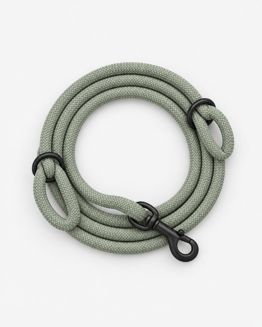 A soft grey-green climbing-rope dog leash coiled neatly, seen from above, with two black slide rings and a black swivel clip on a light grey background.