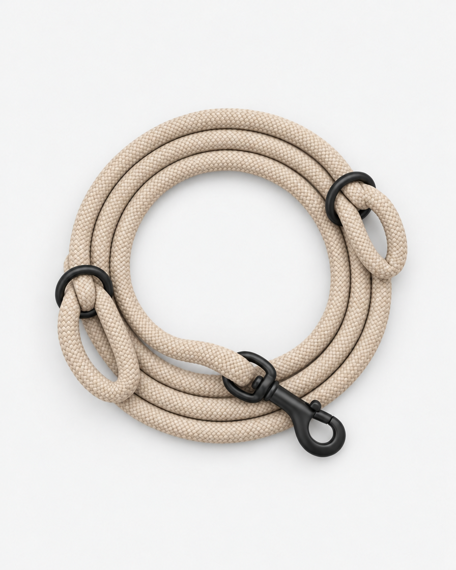 A warm beige climbing-rope dog leash coiled neatly, seen from above, with two black slide rings and a black swivel clip on a light grey background.