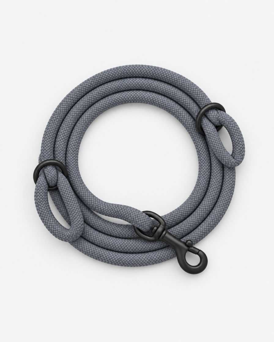 A mid grey climbing-rope dog leash coiled neatly, seen from above, with two black slide rings and a black swivel clip on a light grey background.