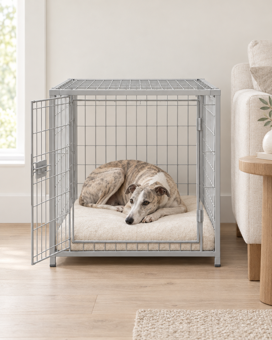 A whippet resting on the cream cushion inside an open light grey wire crate in a bright living room with a pale oak floor and a linen sofa.