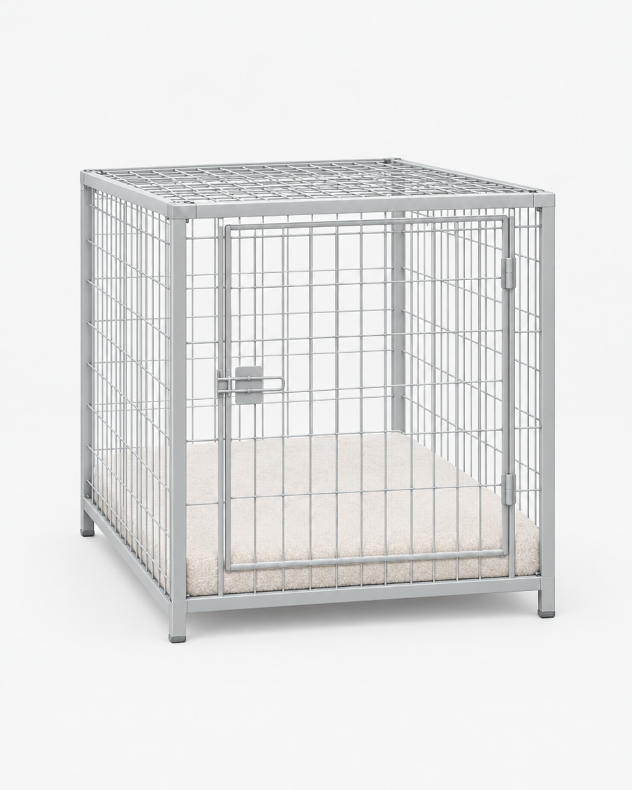 Three-quarter view of a light grey steel wire dog crate showing the front door and side panel with a cream cushion pad inside.