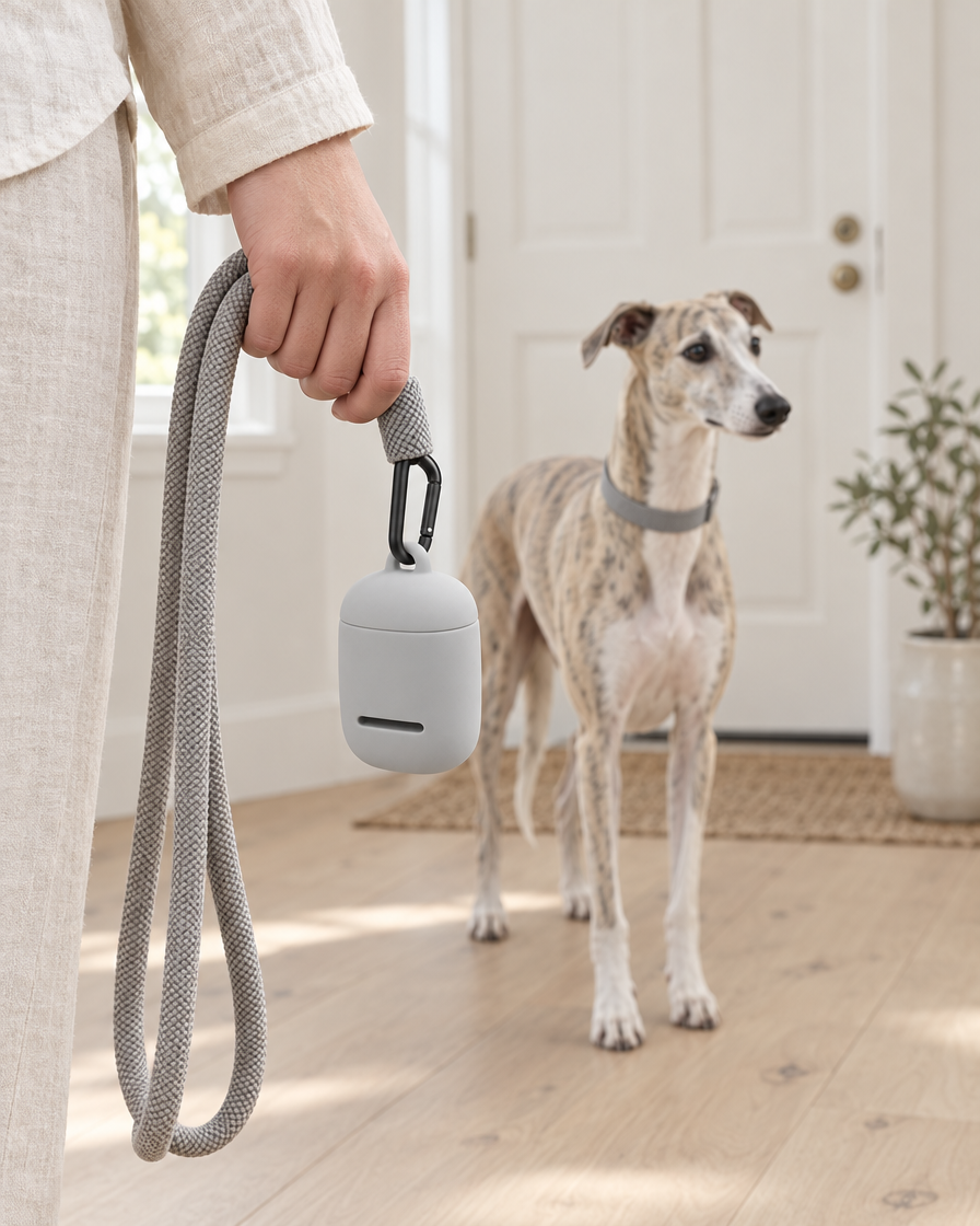 A hand holds a light grey rope leash with a small grey silicone waste-bag pouch clipped to it while a whippet waits by a front door in a bright home.