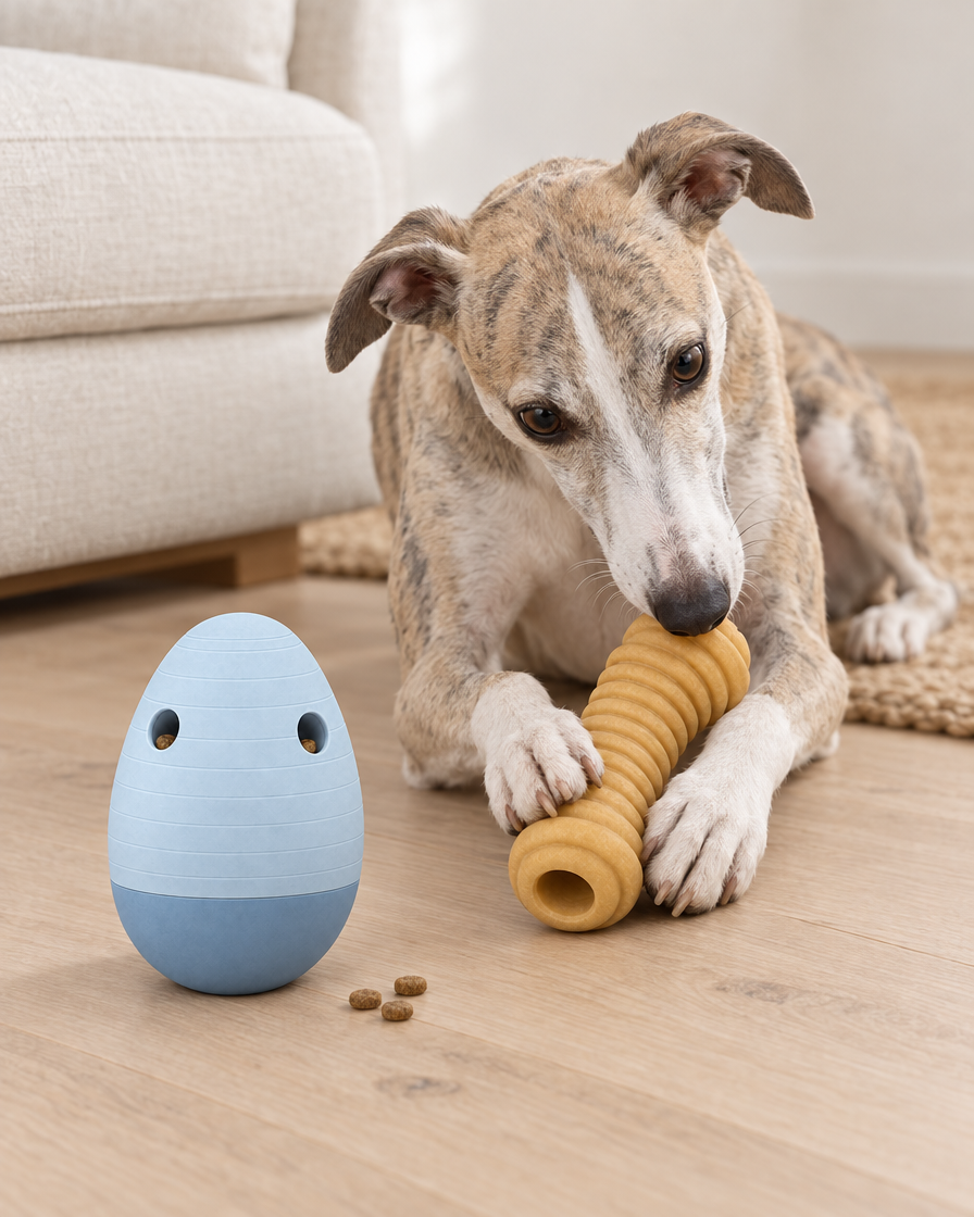 A brindle whippet lying on a pale oak floor gnaws a ridged rubber chew toy held between its paws while a pale blue egg-shaped puzzle feeder stands nearby with a few pieces of kibble.