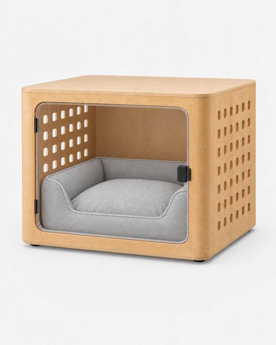 A natural oak plywood dog crate with a flat top and clear front door, with a light grey bolster dog bed fitted inside, photographed from a three-quarter angle on a light grey studio background.