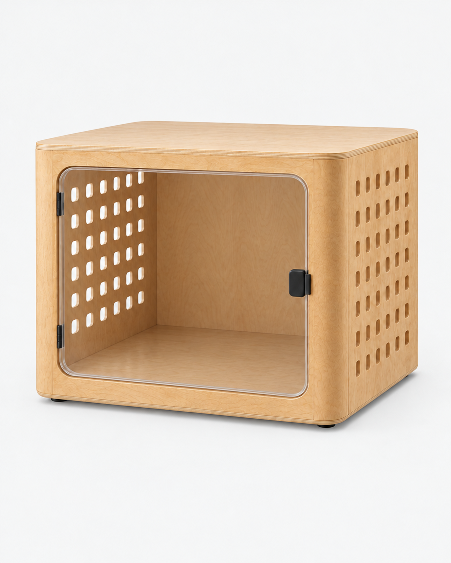 The natural oak plywood dog crate from the set shown on its own and empty, with its clear front door closed, on a light grey studio background.
