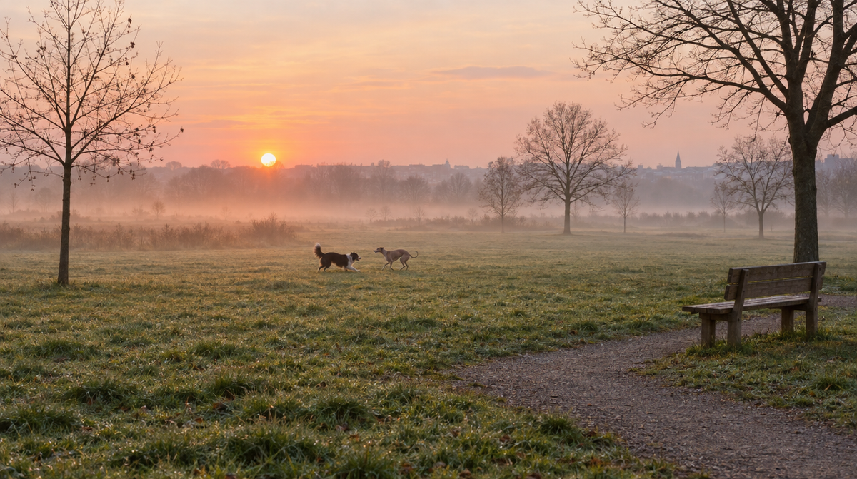 Two dogs play on misty grass in a quiet park at dawn with the low sun rising behind bare trees.